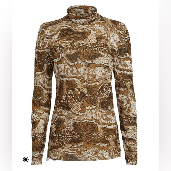 Ganni Marble Print Mesh Turtleneck Top, Brown/Cream/Yellow Multi, EU 38 US6 M - Picture 3 of 8
